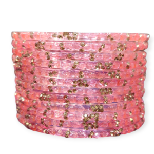 Stone Stud Fancy Glass Bangles, Pack of12 Pieces, Gajri Color