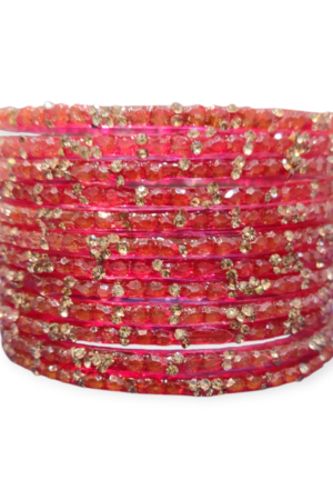 Stone Stud Fancy Glass Bangles, Pack of 12 Pieces, Red Color