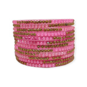 Jelly Stone Stud Fancy Glass Bangles, Pack of 12 Pieces, Baby Pink Color