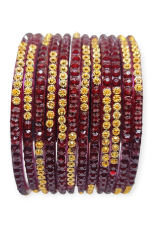Jelly Stone Stud Fancy Glass Bangles, Pack of 12 Pieces, Maroon Color