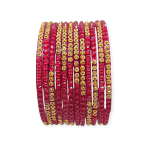 Jelly Stone Stud Fancy Glass Bangles, Pack of 12 Pieces, Strawberry Color