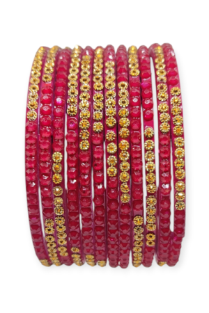 Jelly Stone Stud Fancy Glass Bangles, Pack of 12 Pieces, Strawberry Color