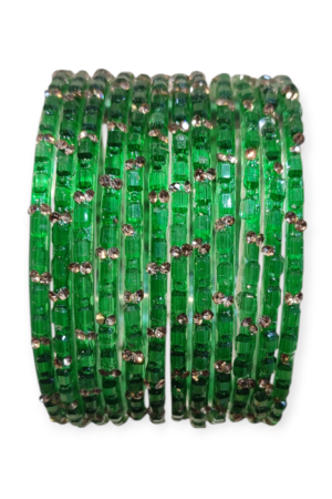 Fancy Stone Stud Fancy Glass Bangles, Pack of 12 Pieces, Green Color