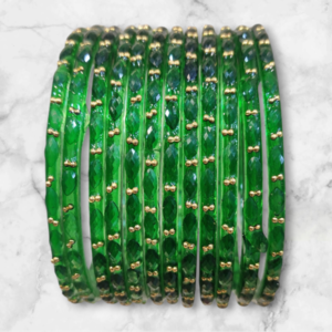 Fancy Stone Stud Raindrop Glass Bangles, Pack of 12 Pieces, Green Color
