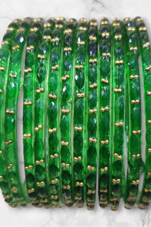 Fancy Stone Stud Raindrop Glass Bangles, Pack of 12 Pieces, Green Color