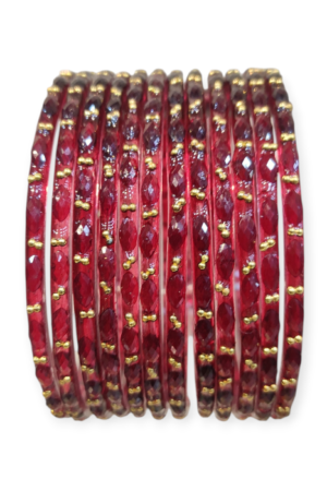 Fancy Stone Stud Raindrop Glass Bangles, Pack of 12 Pieces, Maroon Color