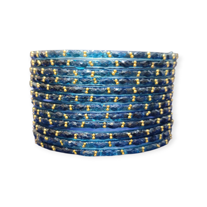 Fancy Stone Stud Raindrop Glass Bangles, Pack of 12 Pieces, Morpankhi Color 2 Fancy Stone Stud Raindrop Glass Bangles, Pack of 12 Pieces, Morpankhi Color - Image 2