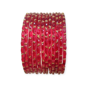 Fancy Stone Stud Raindrop Glass Bangles, Pack of 12 Pieces, Red Color