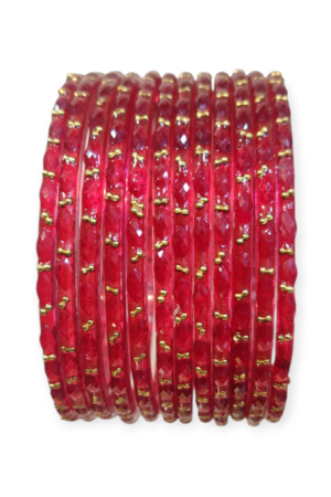 Fancy Stone Stud Raindrop Glass Bangles, Pack of 12 Pieces, Red Color