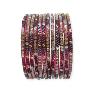 Fancy Stone Stud Glass Bangles, Pack of 12 Pieces, Maroon Color