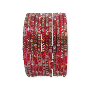 Fancy Stone Stud Glass Bangles, Pack of 12 Pieces, Red Color