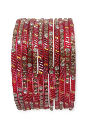 Fancy Stone Stud Glass Bangles, Pack of 12 Pieces, Red Color