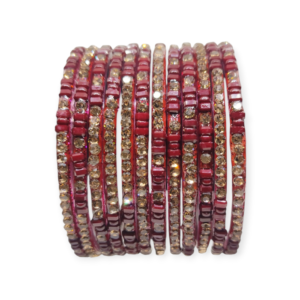 Fancy Stone Stud Glass Bangles, Pack of 12 Pieces, Maroon Color