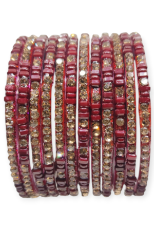 Fancy Stone Stud Glass Bangles, Pack of 12 Pieces, Maroon Color