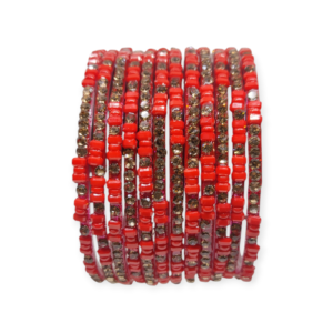 Fancy Stone Stud Glass Bangles, Pack of 12 Pieces, Red Color