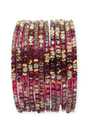 Fancy Stone Stud Glass Bangles, Pack of 12 Pieces, Maroon Color