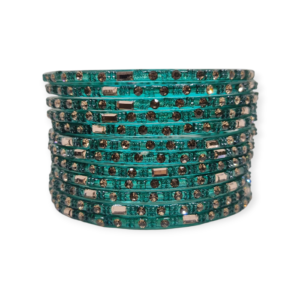Fancy Stone Stud Glass Bangles, Pack of 12 Pieces, Radium Color