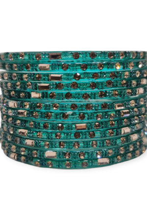Fancy Stone Stud Glass Bangles, Pack of 12 Pieces, Radium Color
