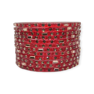 Fancy Stone Stud Glass Bangles, Pack of 12 Pieces, Red Color