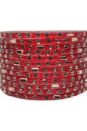 Fancy Stone Stud Glass Bangles, Pack of 12 Pieces, Red Color