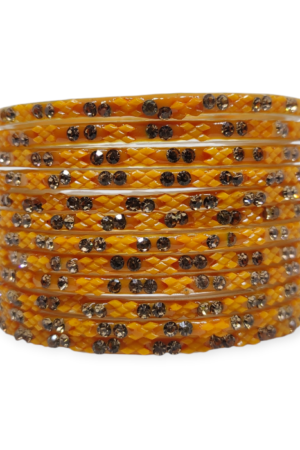 Fancy Stone Stud Glass Bangles, Pack of 12 Pieces, Mango Color