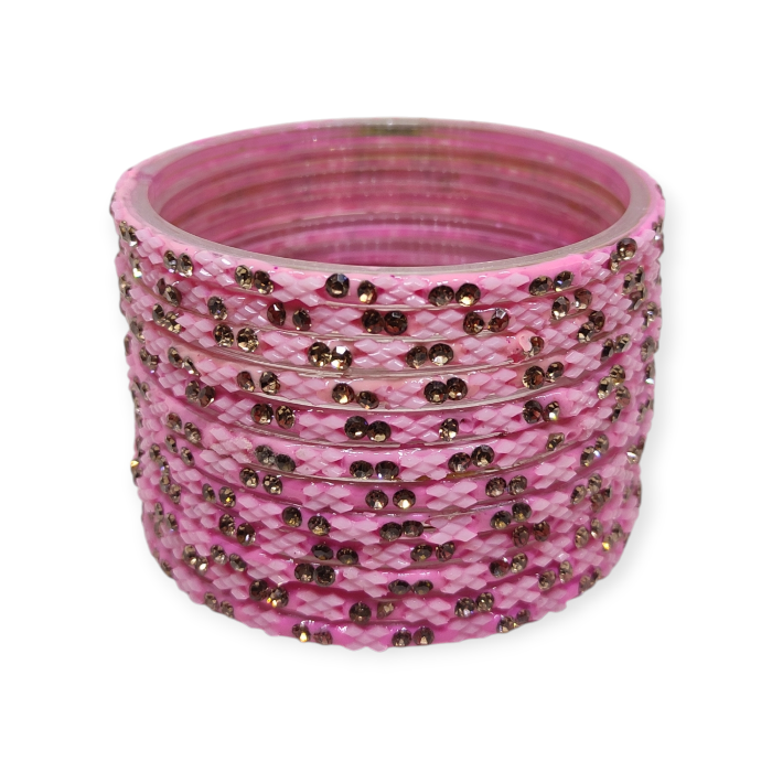 Fancy Stone Stud Glass Bangles, Pack of 12 Pieces, Pink Color 3 Fancy Stone Stud Glass Bangles, Pack of 12 Pieces, Pink Color - Image 3