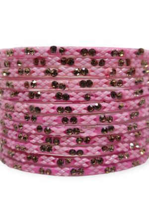 Fancy Stone Stud Glass Bangles, Pack of 12 Pieces, Pink Color