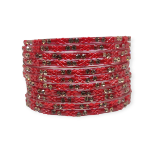 Fancy Stone Stud Glass Bangles, Pack of 12 Pieces, Red Color