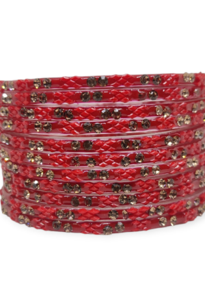 Fancy Stone Stud Glass Bangles, Pack of 12 Pieces, Red Color