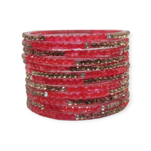 Fancy Stone Stud Glass Bangles, Pack of 12 Pieces, Gajri Color