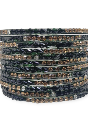 Fancy Stone Stud Glass Bangles, Pack of 12 Pieces, Kai Green Color