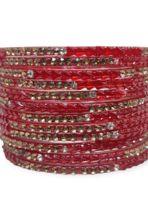 Fancy Stone Stud Glass Bangles, Pack of 12 Pieces, Red Color