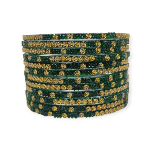 Fancy Beads Stud Glass Bangles, Pack of 12 Pieces, Green Color