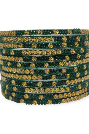 Fancy Beads Stud Glass Bangles, Pack of 12 Pieces, Green Color