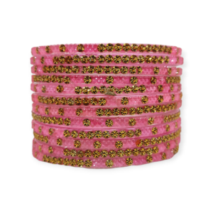 Fancy Beads Stud Glass Bangles, Pack of 12 Pieces, Pink Color