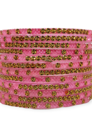 Fancy Beads Stud Glass Bangles, Pack of 12 Pieces, Pink Color