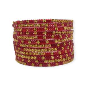 Fancy Beads Stud Glass Bangles, Pack of 12 Pieces, Red Color
