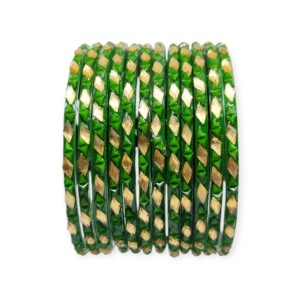 Fancy Beads Stud Glass Bangles, Pack of 12 Pieces, Green Color