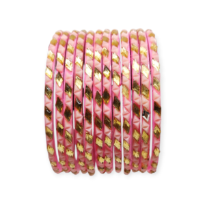 Fancy Beads Stud Glass Bangles, Pack of 12 Pieces, Pink Color