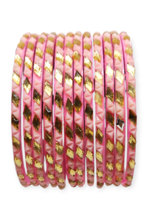 Fancy Beads Stud Glass Bangles, Pack of 12 Pieces, Pink Color