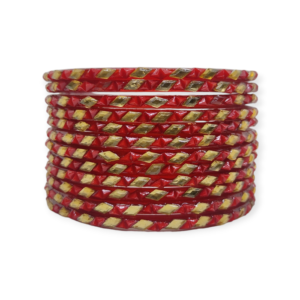 Fancy Beads Stud Glass Bangles, Pack of 12 Pieces, Red Color