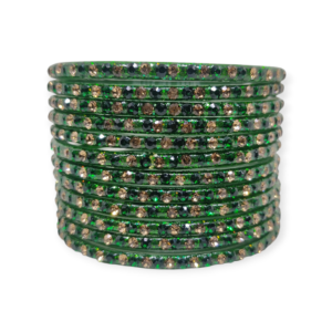 Fancy Stone Stud Glass Bangles, Pack of 12 Pieces, Green Color