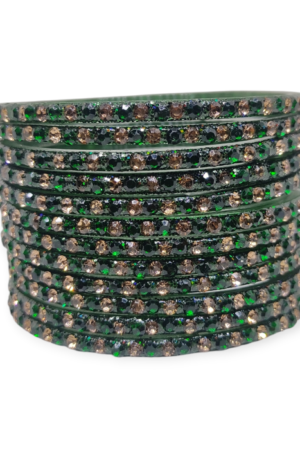 Fancy Stone Stud Glass Bangles, Pack of 12 Pieces, Kai Green Color