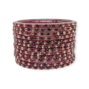 Fancy Stone Stud Glass Bangles, Pack of 12 Pieces, Maroon Color
