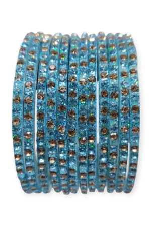 Fancy Stone Stud Glass Bangles, Pack of 12 Pieces, Surf Color