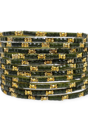 Fancy Beads Stud Glass Bangles, Pack of 12 Pieces, Mehndi Color
