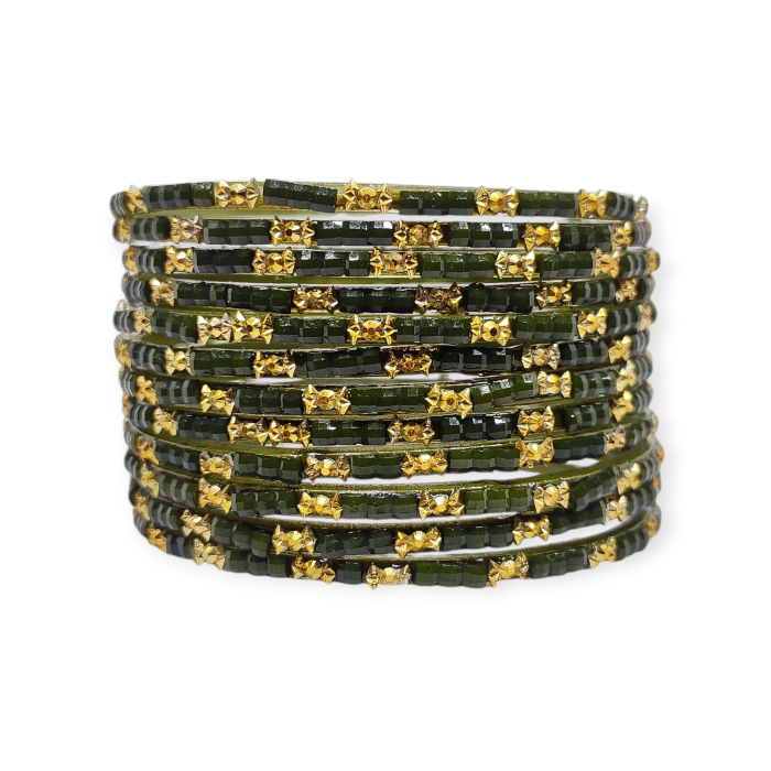 Fancy Beads Stud Glass Bangles, Pack of 12 Pieces, Mehndi Color 1 Fancy Beads Stud Glass Bangles, Pack of 12 Pieces, Mehndi Color