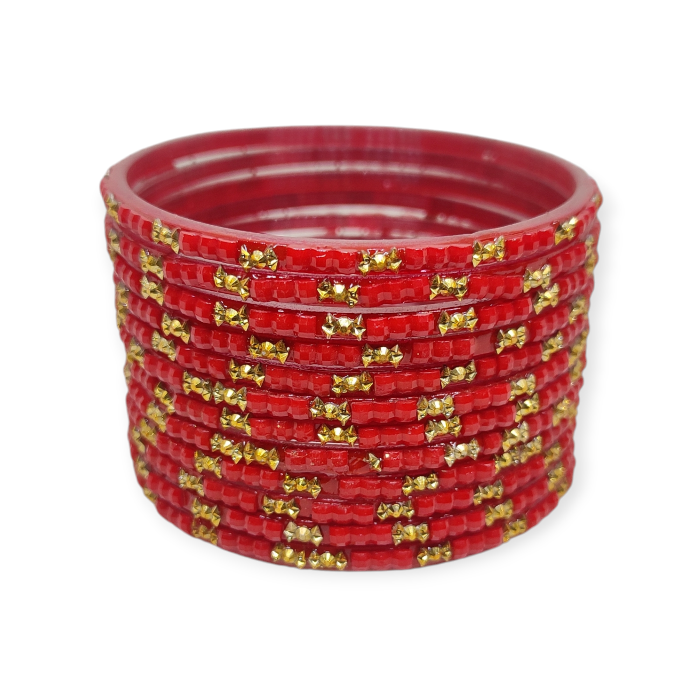 Fancy Beads Stud Glass Bangles, Pack of 12 Pieces, Red Color 2 Fancy Beads Stud Glass Bangles, Pack of 12 Pieces, Red Color - Image 2