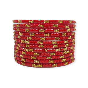 Fancy Beads Stud Glass Bangles, Pack of 12 Pieces, Red Color
