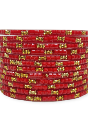 Fancy Beads Stud Glass Bangles, Pack of 12 Pieces, Red Color